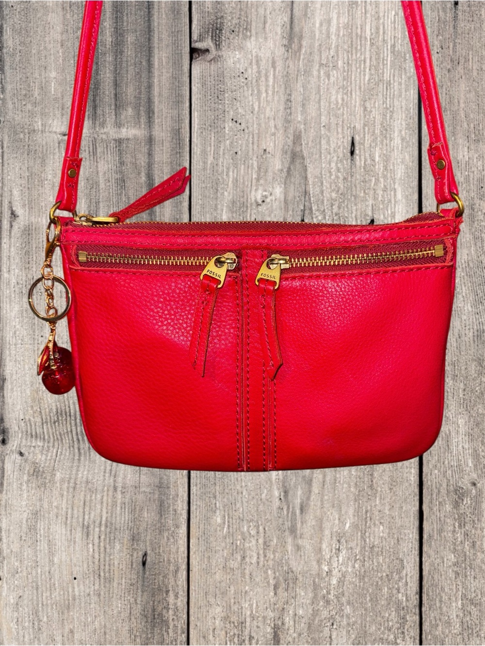 Fossil Red Leather Crossbody Bag Double Zip Cherry Charm